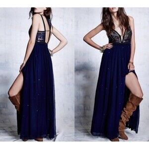 Free People Golden Chalice Dress In Navy Blue Y2K Vibes Fairy Babydoll Size 4